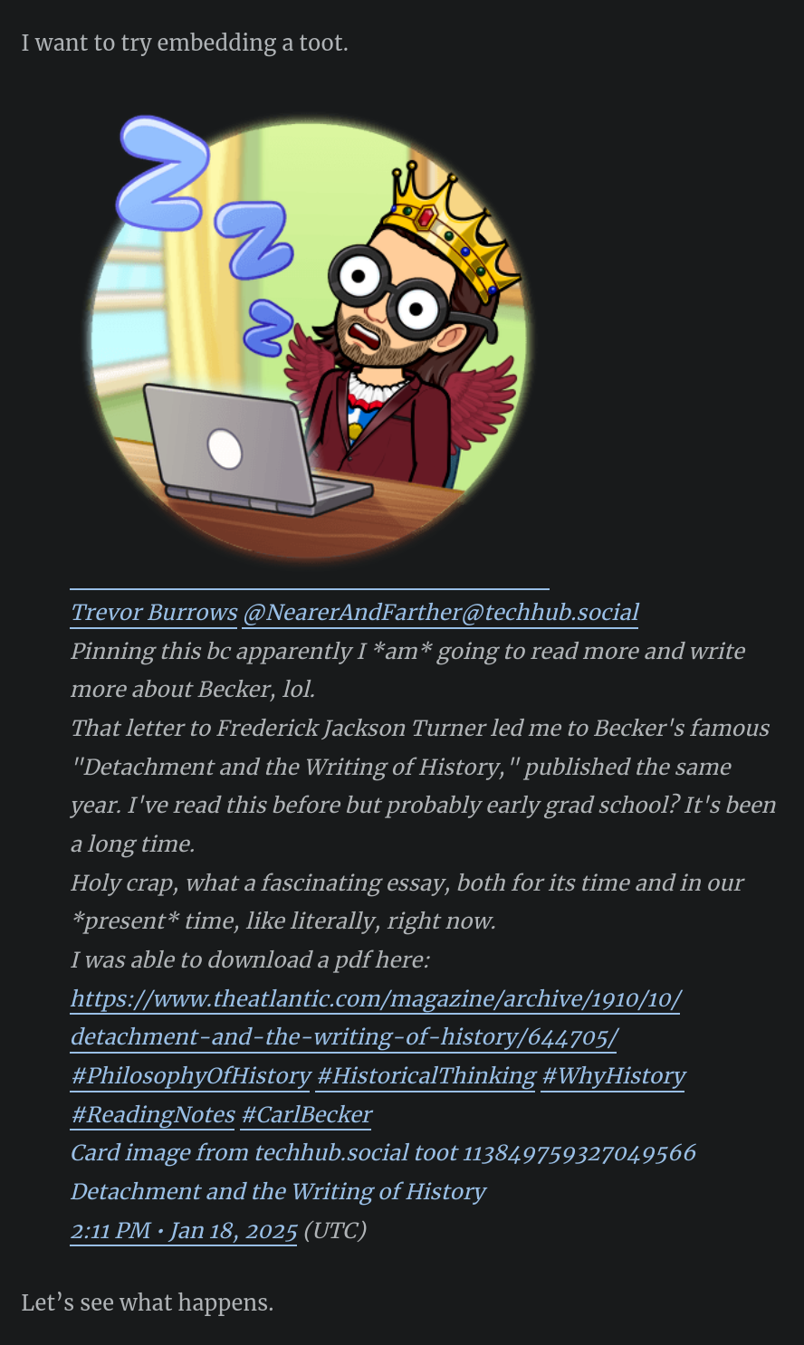 A screenshot of an embedded toot from Mastodon. It is very poorly styled, with an oversized avatar image and strange text sizing.