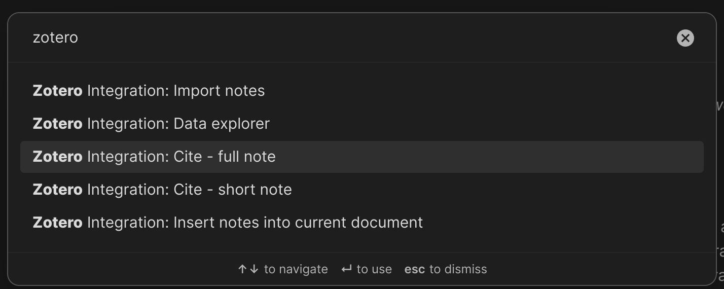 Screenshot of Zotero integration menu in Obsidian showing five options: Import notes, Data explorer, Cite - full note, Cite - short note, and Insert notes into current document. Navigation instructions appear at the bottom indicating up/down arrows to navigate, enter to use, and escape to dismiss.