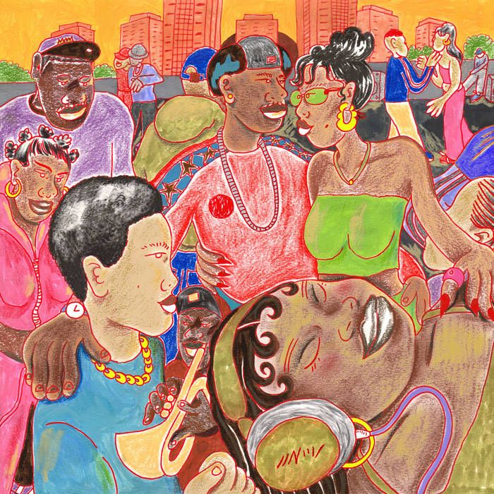 The album cover of Kokoroko's *Tuff Times Never Last* is a drawing of a lively, upbeat crowd with a cityscape in the background.