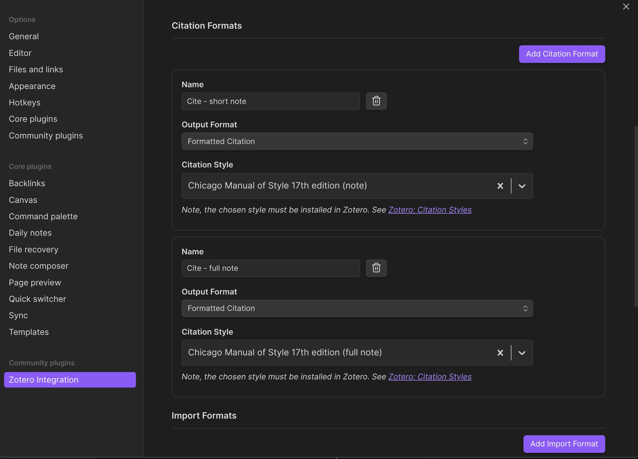 Screenshot of the Zotero Integration plugin's Citation Formats settings within the Zotero Integration plugin options. The interface shows configuration for two citation formats: 'Cite - short note' and 'Cite - full note', both set to Formatted Citation output format and Chicago Manual of Style 17th edition citation style. The left sidebar displays various plugin options including Core plugins and Community plugins sections. An 'Add Citation Format' button appears in the top right, and an 'Import Formats' section is visible at the bottom with an 'Add Import Format' button.