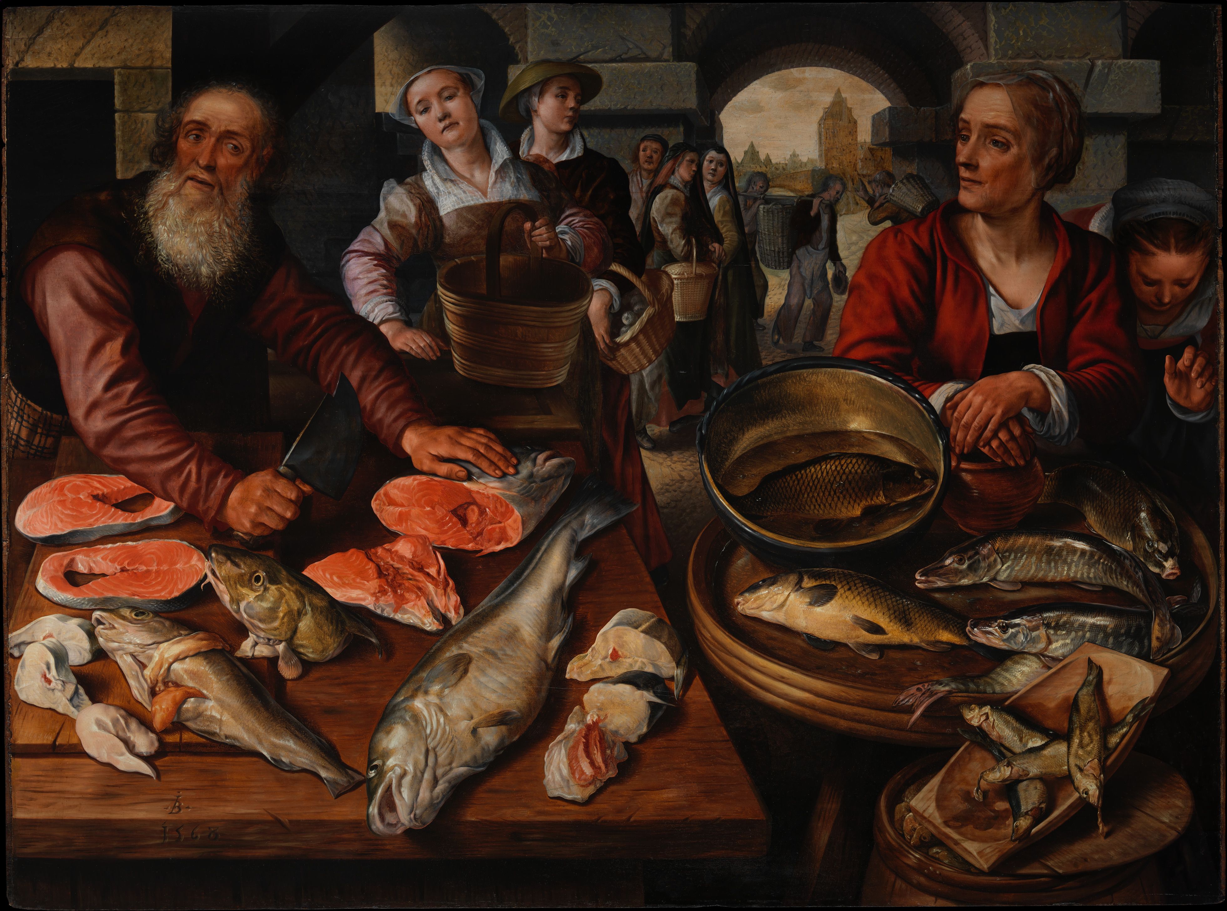 A dark-toned but richly-colored painting of market scene. A bearded man holding a knife stands behind several tables with fish in various states of being cut up. Around and behind him are many women waiting to be served. He appears to be waiting on one of them, while others look on impatiently, while still others appear distracted by scenes beyond the frame.