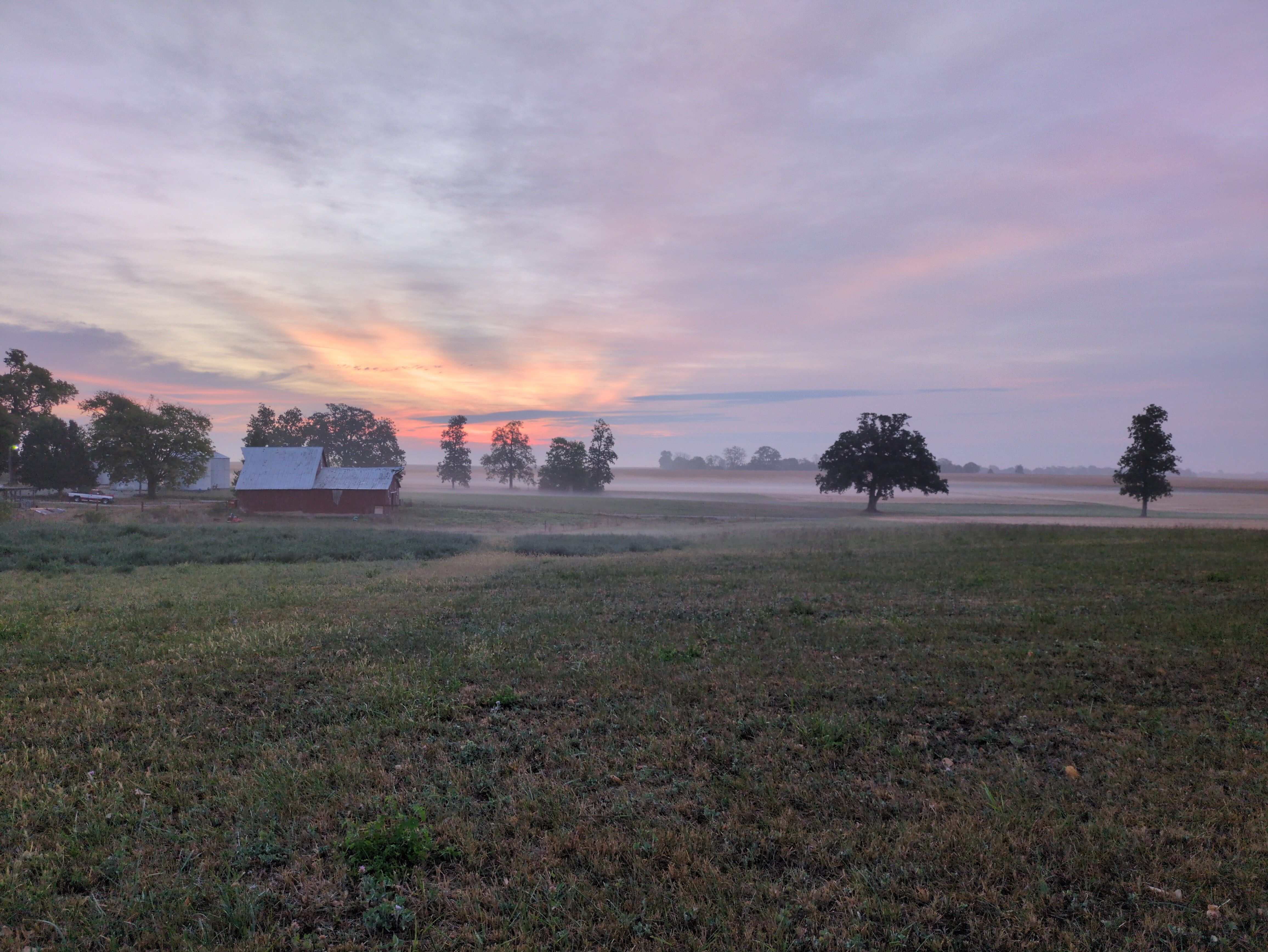 Photograph of a field and barn landscape, in portrait mode (vertical). Bottom half: mostly green grass across a field. Top half: a hazy sky with scattered clouds, with strong orange-pink beams coming through some clouds. On the horizon, a barn and treeline.