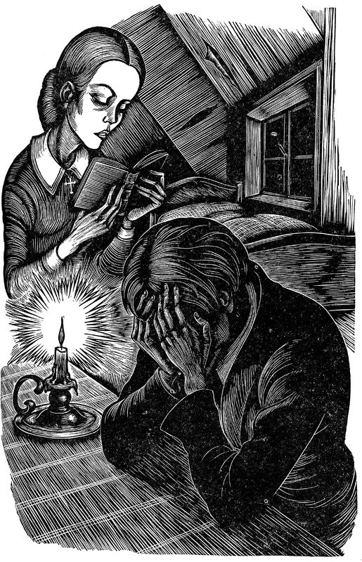 A wood engraving. A man sits at a desk with his face in his hands. A woman sits above him, reading. A lit candle is upon the desk, and a bed and window are in the background.