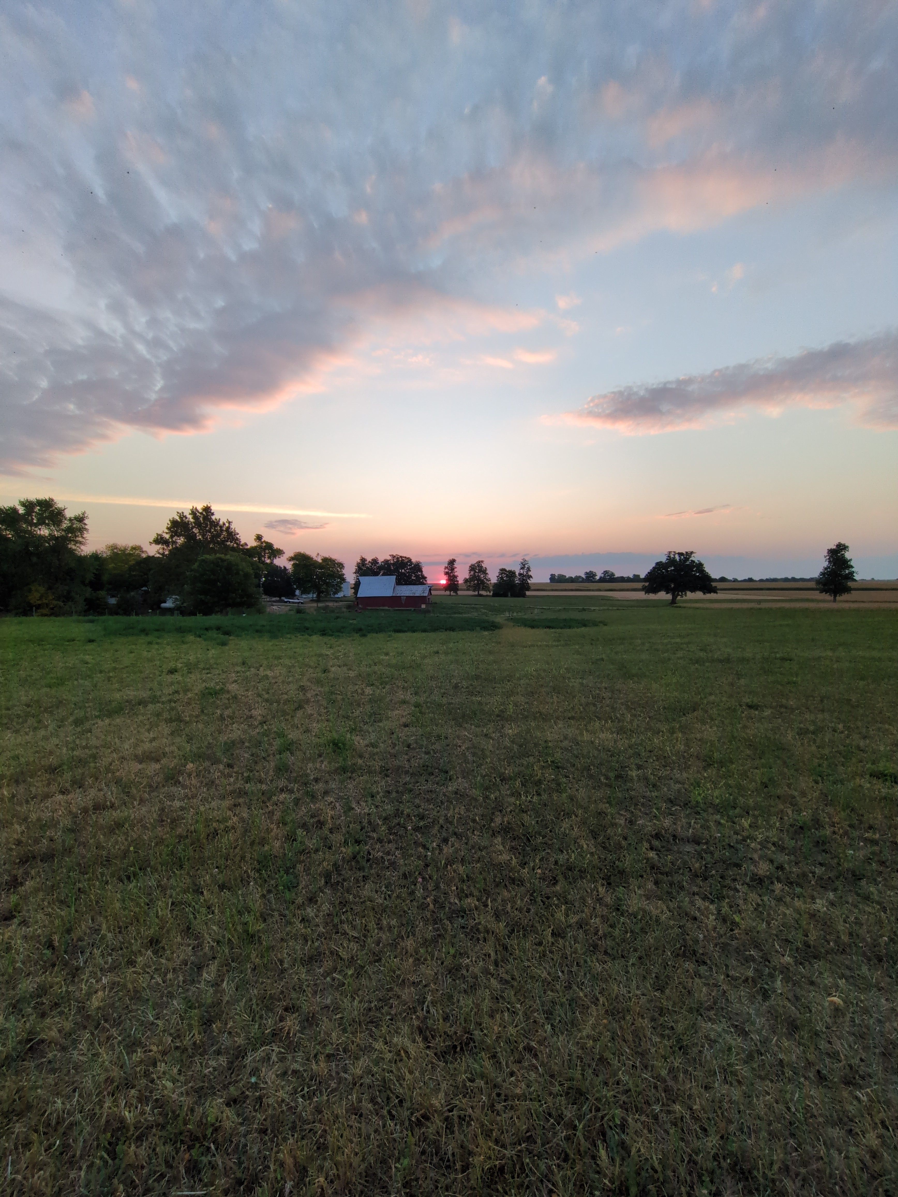 Photograph of a field and barn landscape. Bottom half: mostly green grass across a field. Top half: dramatic cloud cover sweeps across the sky, heavy to the left-hand of the frame, lighter to the right. On the horizon, a barn and treeline, with the sun visible rising between the trees, giving the sky a bit of an orange tint.