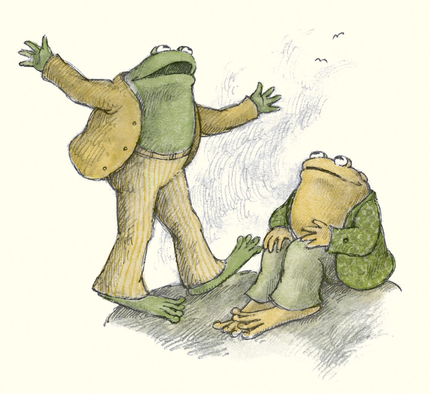 An illustration of Frog and Toad from the children's books. One is sitting, the other has its arms stretched out. Both are looking up toward the sky.