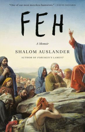 The book cover of Shalom Auslander's 'Feh' shows a portion of Charles Bloch's painting, 'The Sermon on the Mount.' People are huddled around a rock and you can see an arm lifted up, as though someone is speaking to the crowd, but Jesus himself is not in the frame.